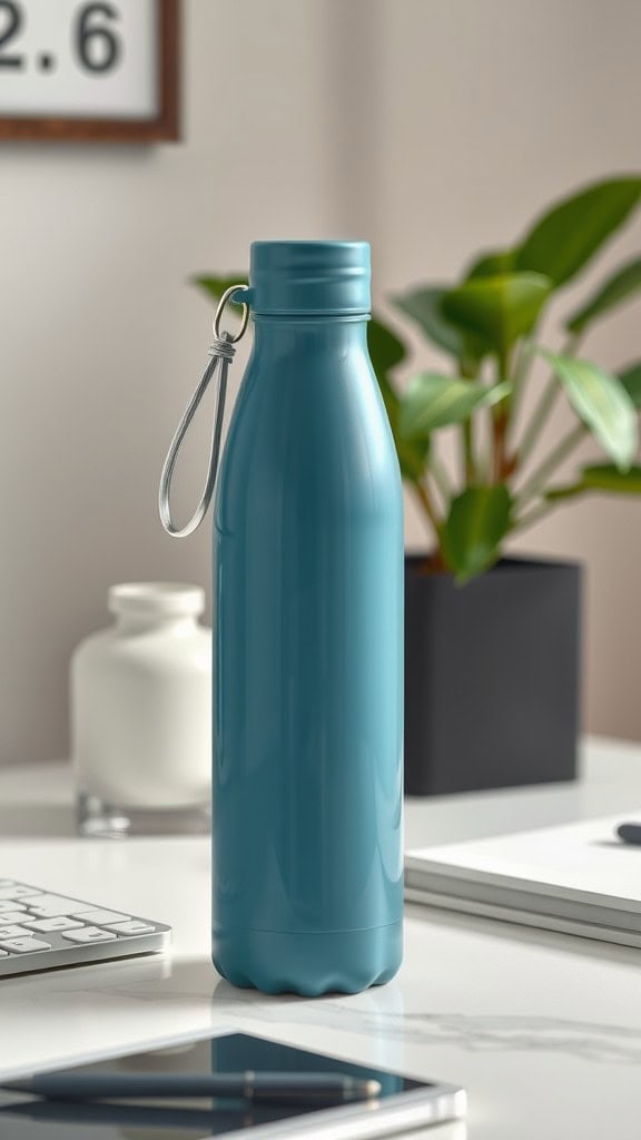 Stylish blue water bottle on a desk with a cozy home office vibe