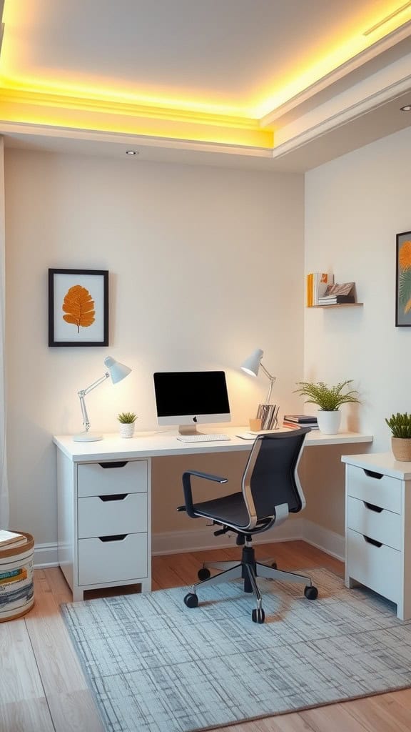 A modern home office with subtle yellow lighting effects.