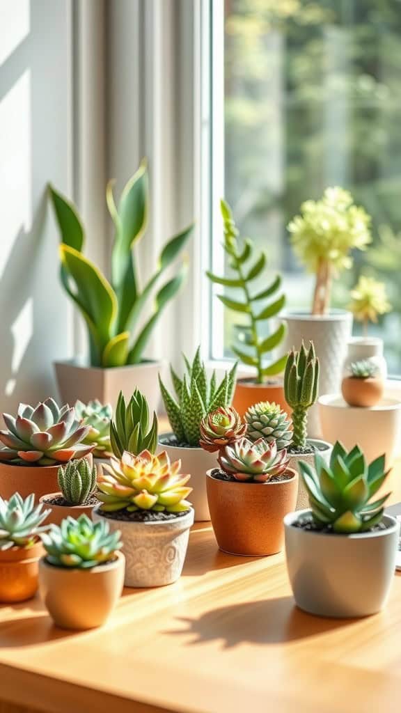 A collection of various succulent plants in pots on a wooden desk, with sunlight streaming in through a window.