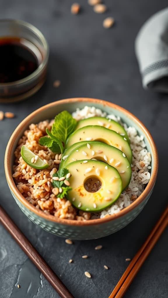 A sushi-inspired bowl with brown rice, cucumber slices, lime, and sesame seeds.