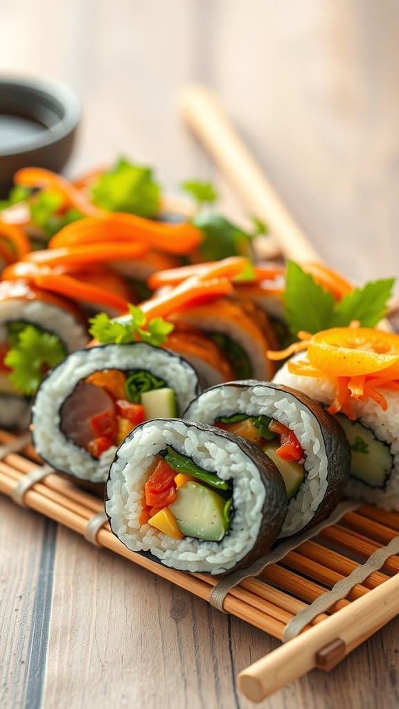 Colorful sushi rolls with various veggies on a bamboo mat.