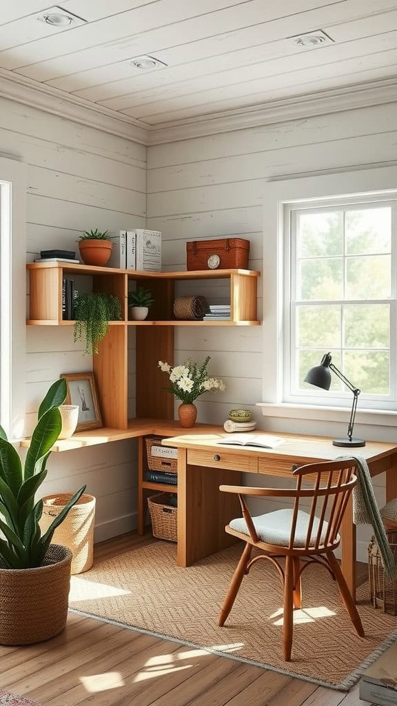 A cozy home office featuring a wooden desk, plants, and natural light.