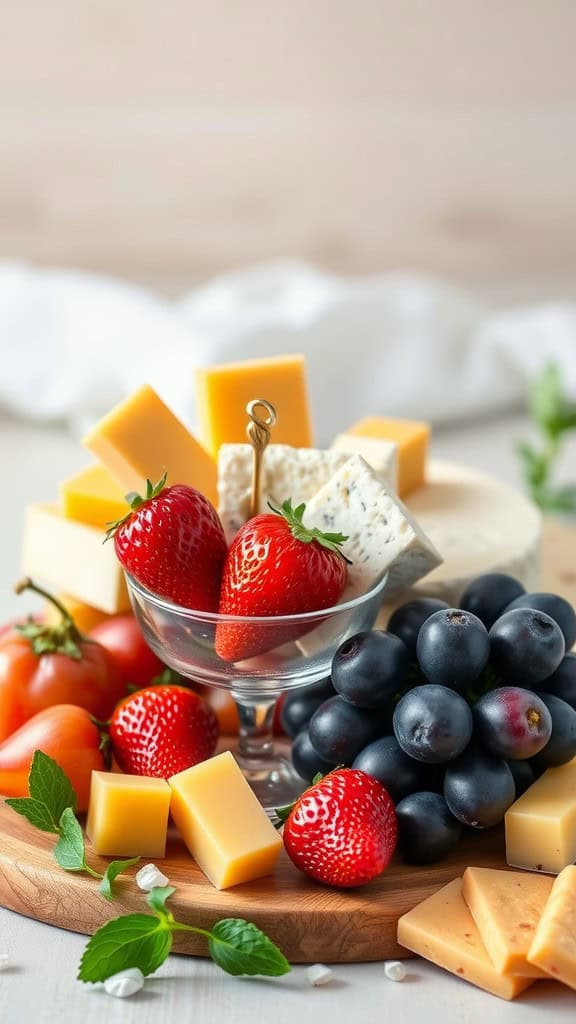 A beautifully arranged charcuterie board featuring strawberries, grapes, various cheeses, and cherry tomatoes.