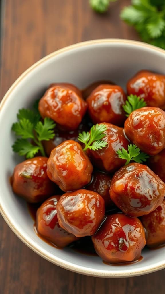 A bowl of sweet and spicy meatballs garnished with cilantro.