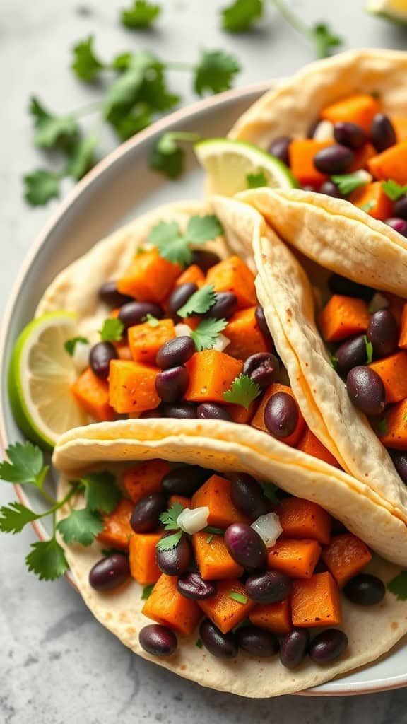 Close-up of sweet potato and black bean tacos with lime and cilantro