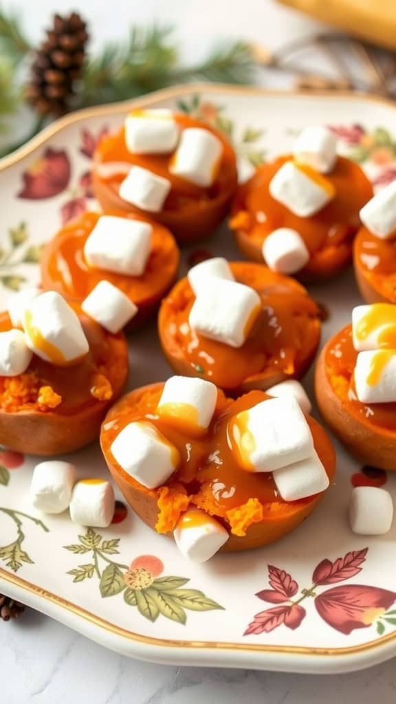 Sweet potato bites topped with marshmallows and caramel on a floral plate