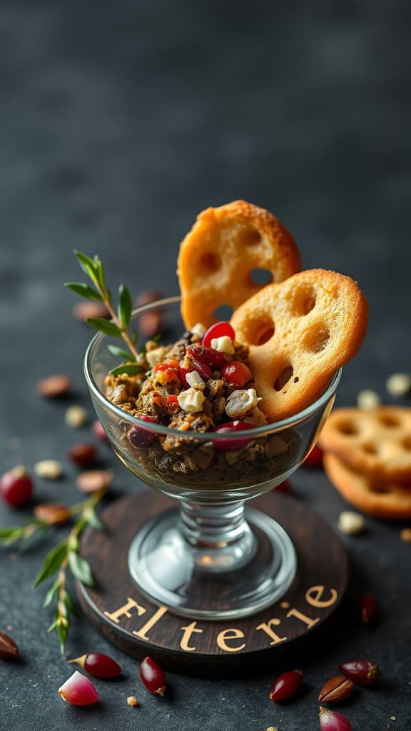 A glass cup filled with tapenade, garnished with herbs and served with crostini on the side.