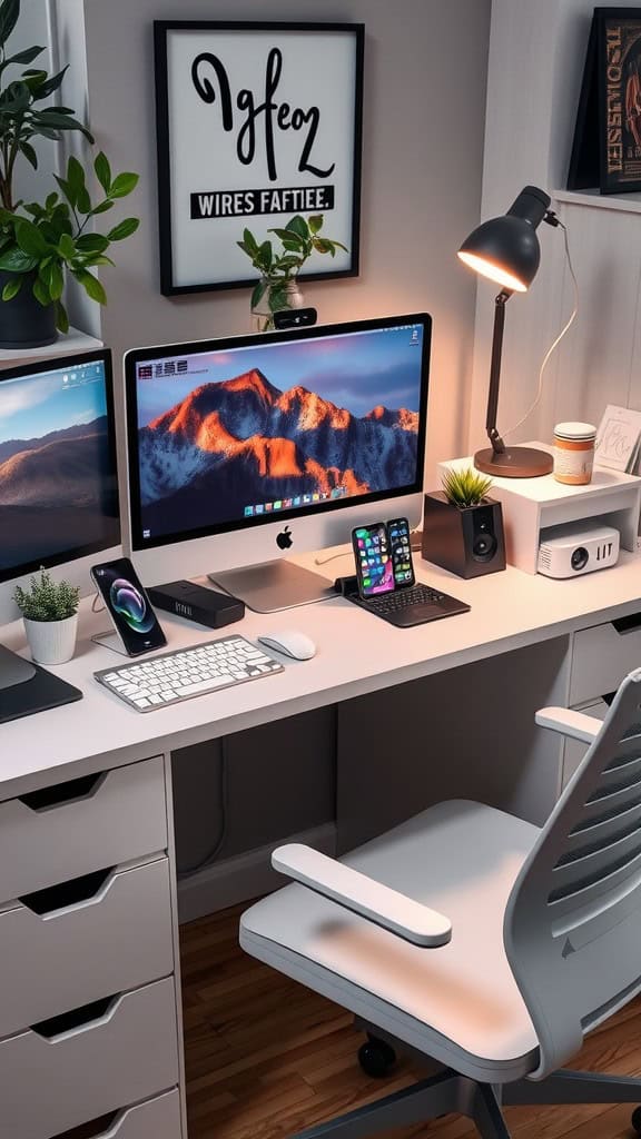 A modern tech-friendly desk setup with multiple screens, plants, and stylish lighting.