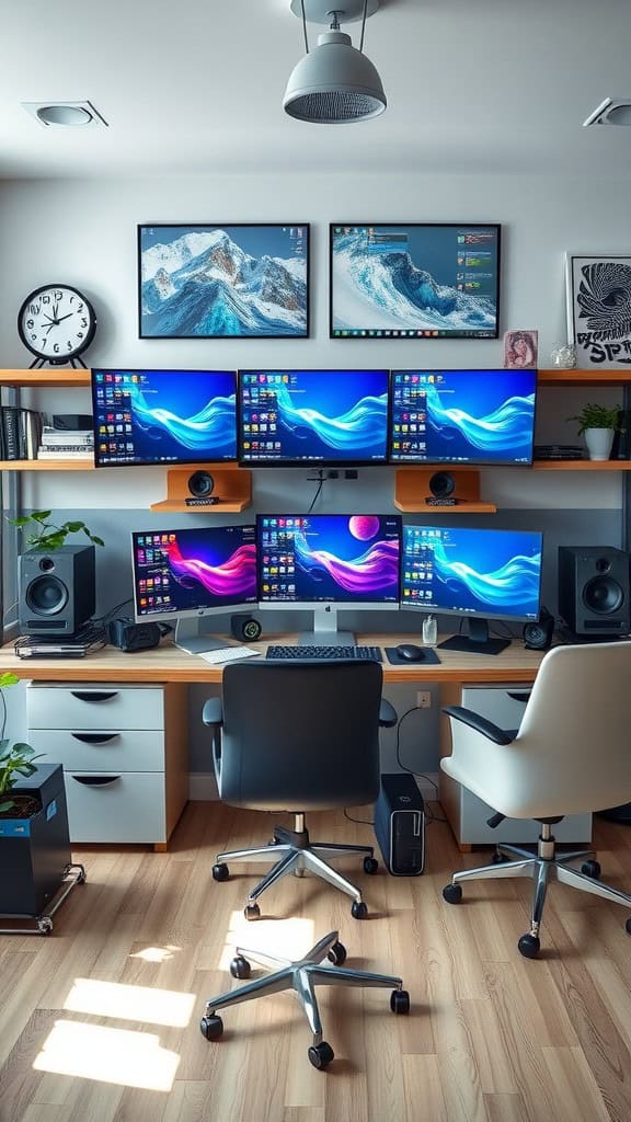 A modern home office setup with multiple monitors, a wooden desk, and stylish office chairs.