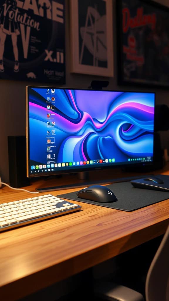 A modern desktop setup featuring a vibrant monitor, keyboard, and mouse on a wooden desk.