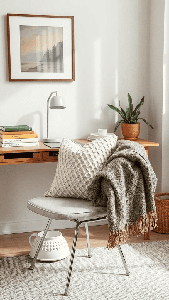 A cozy chair with textured fabrics, including a pillow and a throw, in a bright room.