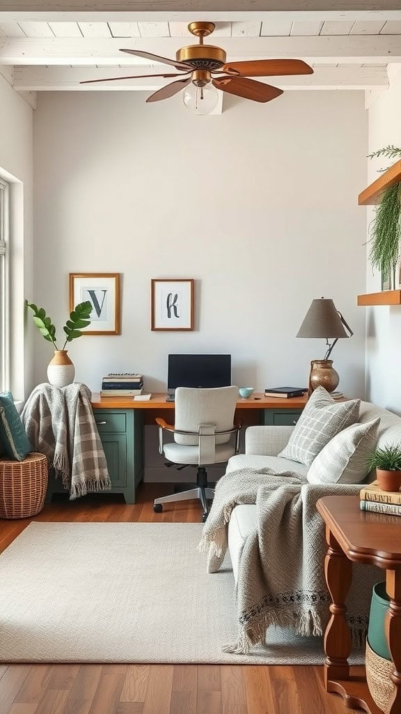 Cozy home office with textured fabrics and throws