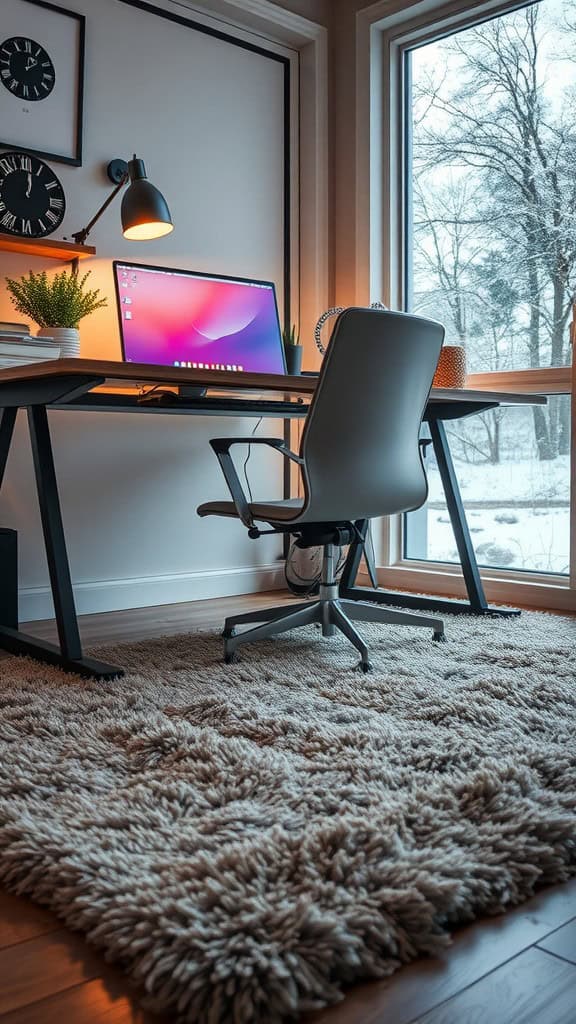 A cozy home office featuring a plush textured rug under a modern desk with a computer and a chair, illuminated by natural light from a large window.