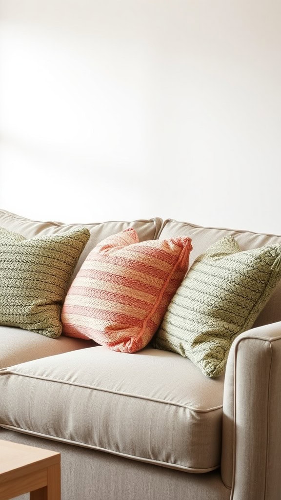 A couch with textured throw pillows in green and coral.