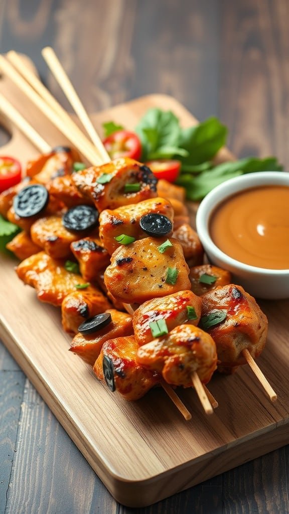 Colorful Thai Chicken Satay Skewers on a wooden platter with peanut sauce and fresh garnishes.