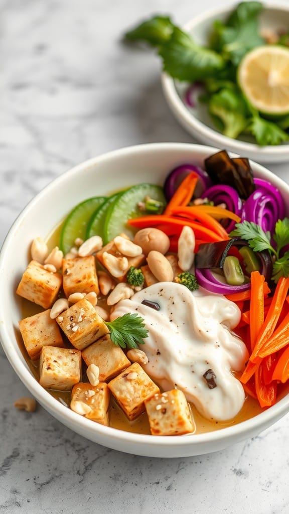 A colorful Thai Peanut Tofu Bowl with tofu, fresh vegetables, and peanut sauce.