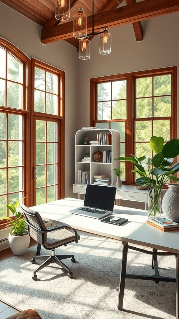 Bright home office with large windows, plants, and a modern desk setup.