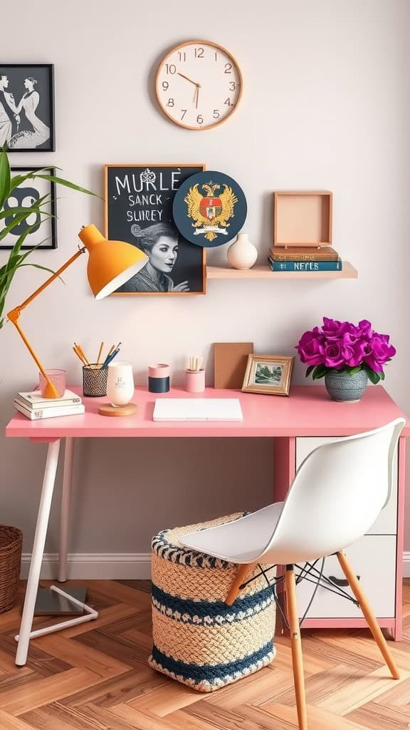 A stylish pink desk with decorative items, plants, and a cozy chair, showcasing a themed workspace.