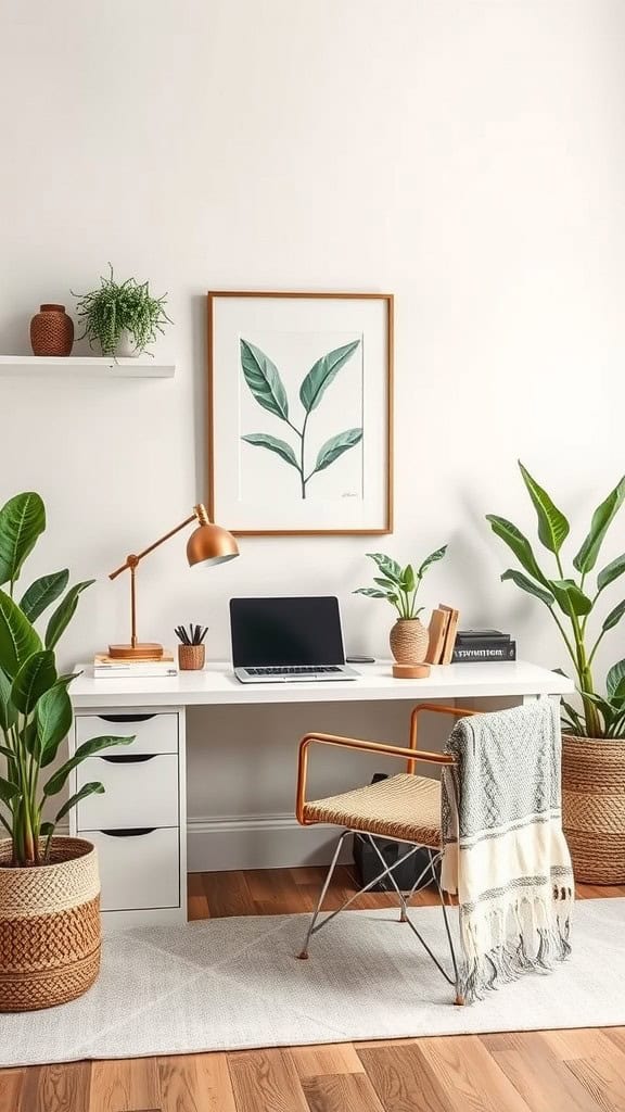 A modern home office with plants, a desk, and a cozy chair.