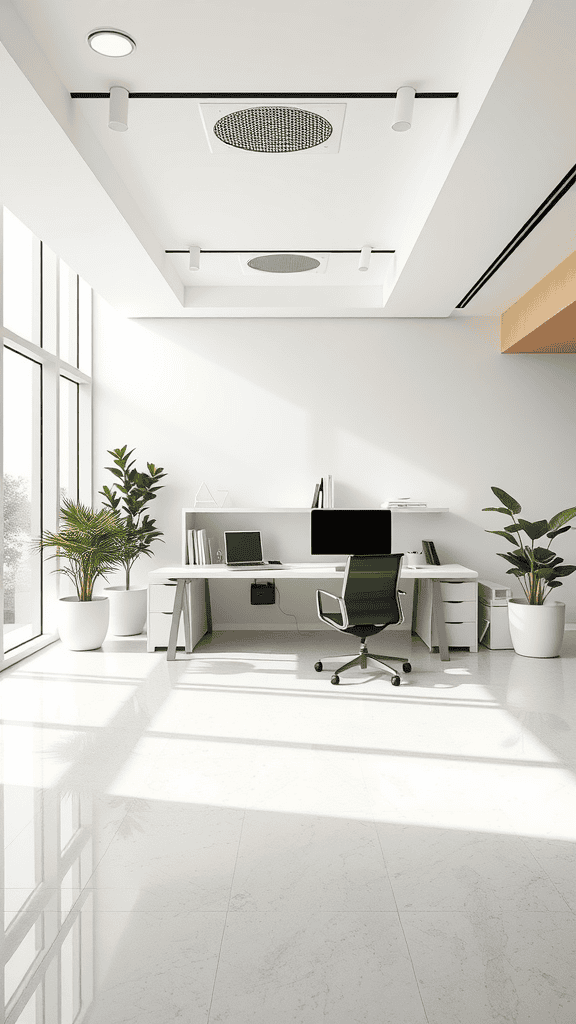 Minimalistic office with a desk, chair, and plants, illuminated by natural light.