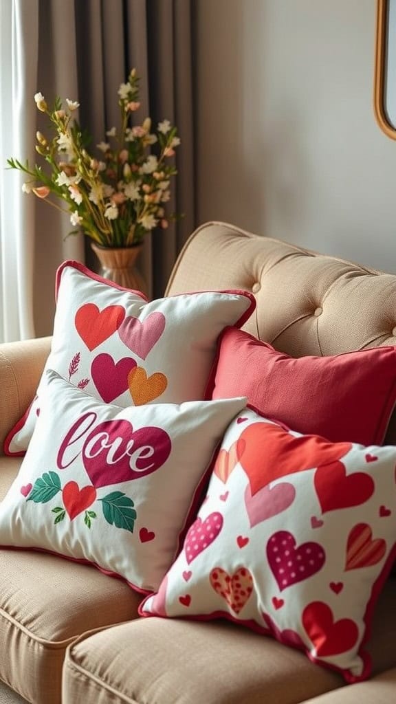 A cozy couch with throw pillows featuring love themes, including hearts and the word 'love', accompanied by a vase of flowers.