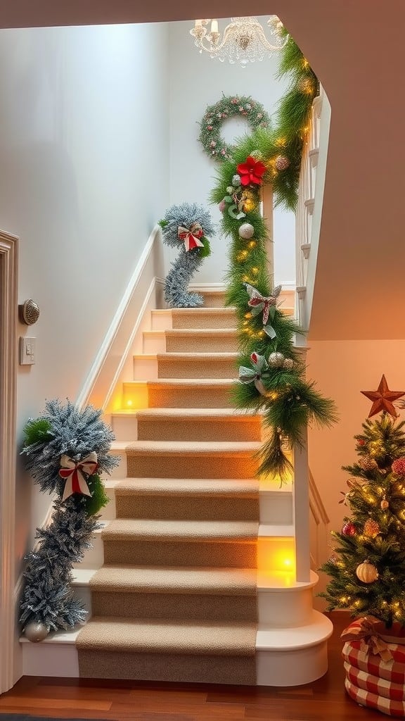 A beautifully decorated staircase with garland, tinsel, and a Christmas tree, creating a warm holiday atmosphere.