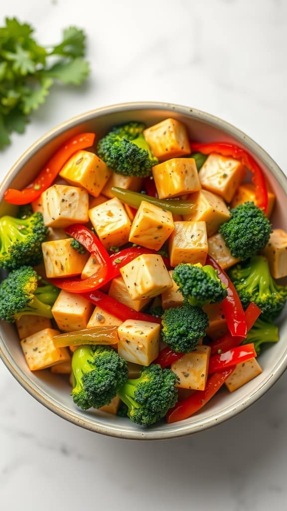 A colorful tofu stir-fry with broccoli and red peppers in a bowl.