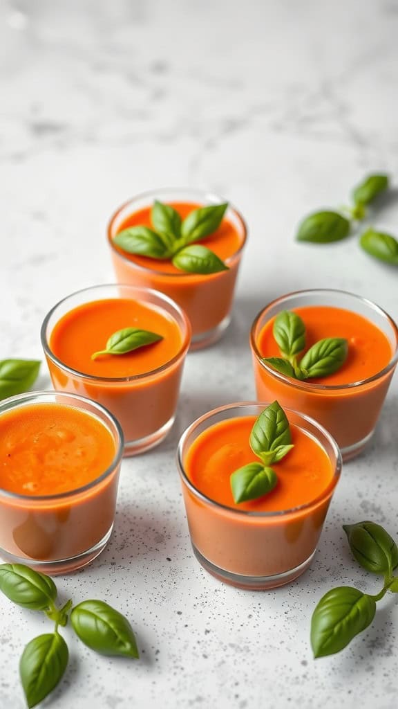 Tomato basil soup shooters in small glasses garnished with fresh basil leaves.