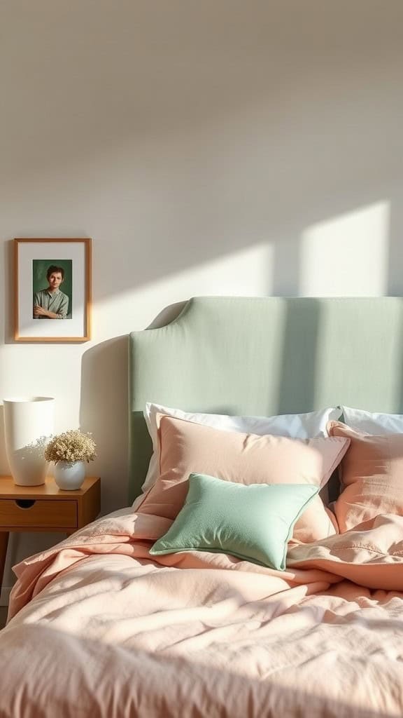 A calming bedroom with pastel pink bedding and a green headboard, illuminated by soft sunlight.