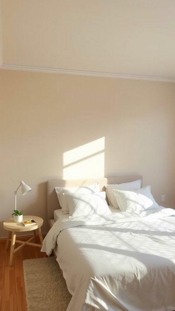 Cozy bedroom with light-colored walls, a neatly made bed, and a small table with a lamp and plant.