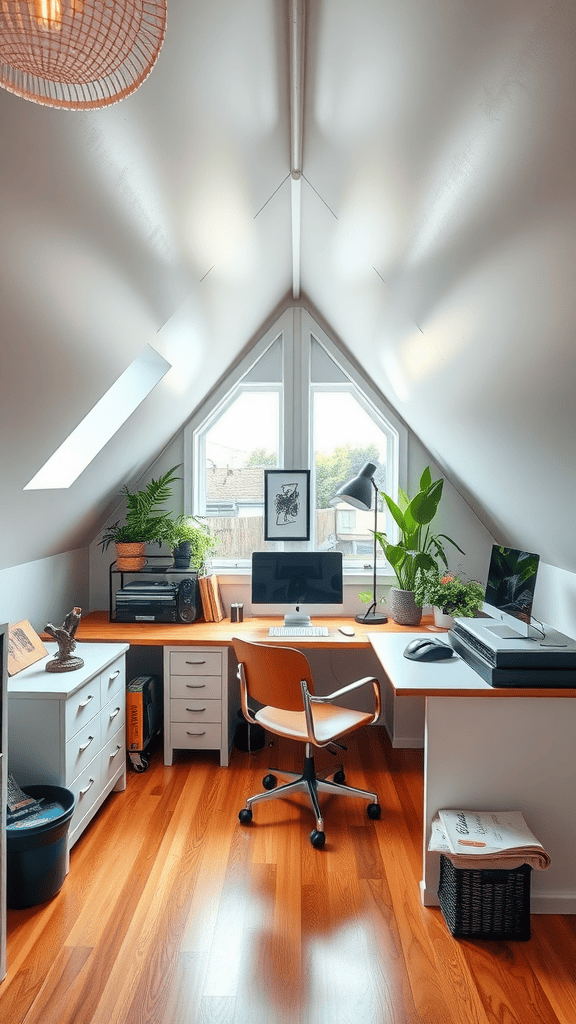 Cozy attic office with a modern desk, computer, and plants.