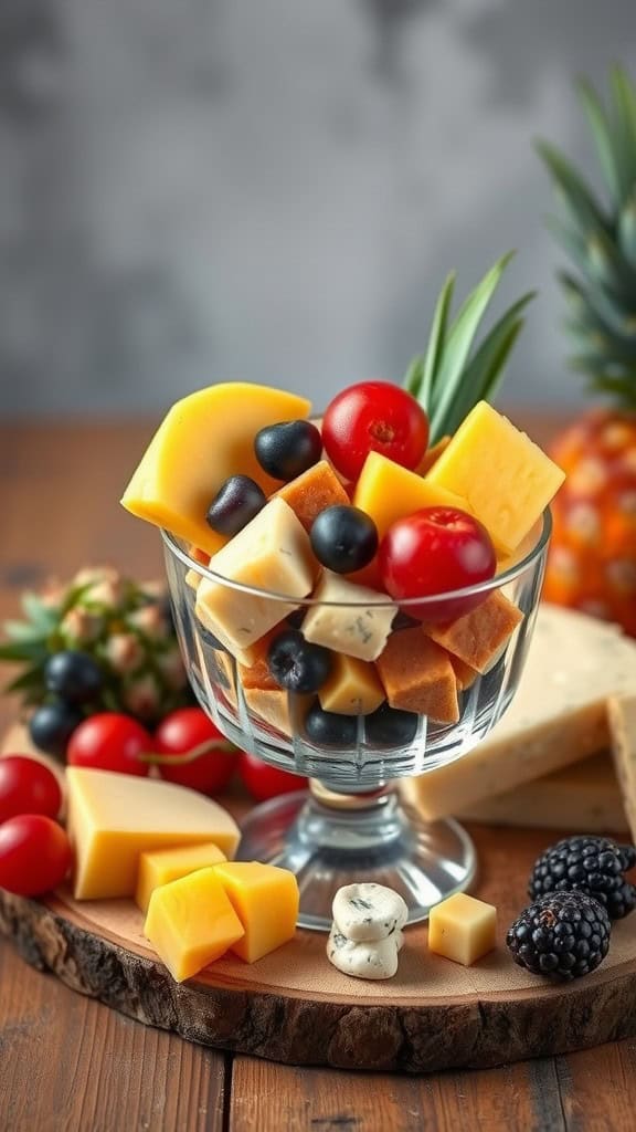 A charcuterie cup filled with various cheeses, cherry tomatoes, blueberries, and pineapple, set on a wooden board.