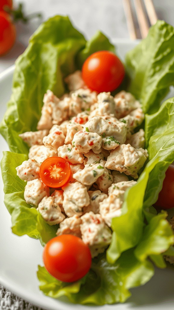 A plate of tuna salad served in lettuce leaves, garnished with cherry tomatoes.