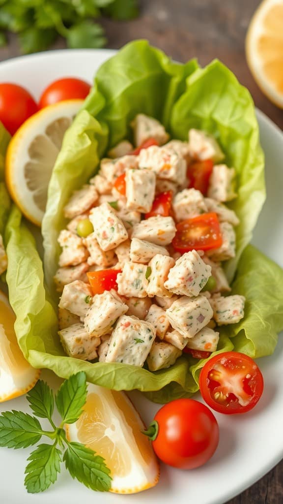 Tuna salad in lettuce wraps with tomatoes and lemon slices