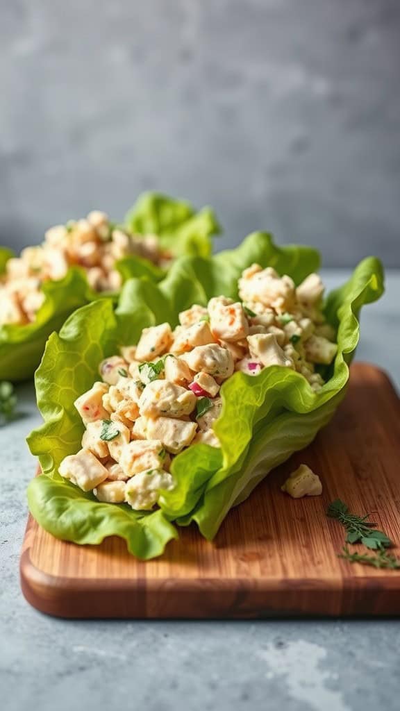 Tuna salad in lettuce wraps served on a wooden board.