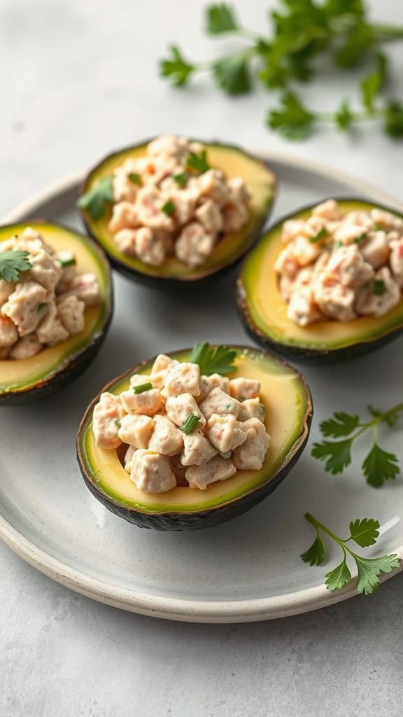 Tuna salad stuffed avocados on a plate, garnished with parsley.