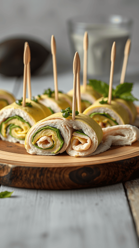 A close-up of turkey and avocado roll-ups on a wooden platter, garnished with green herbs.