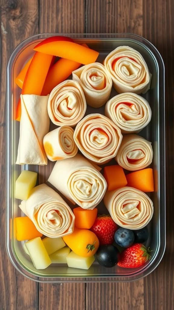 Container with turkey and cheese roll-ups alongside fresh fruits and bell peppers