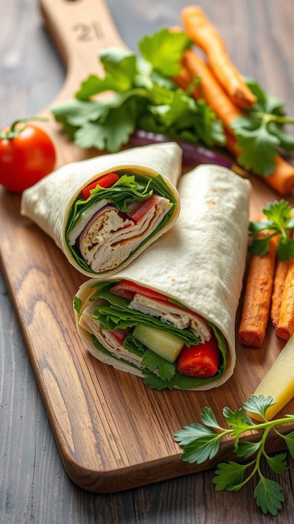 Turkey and Hummus Wrap filled with veggies on a wooden board