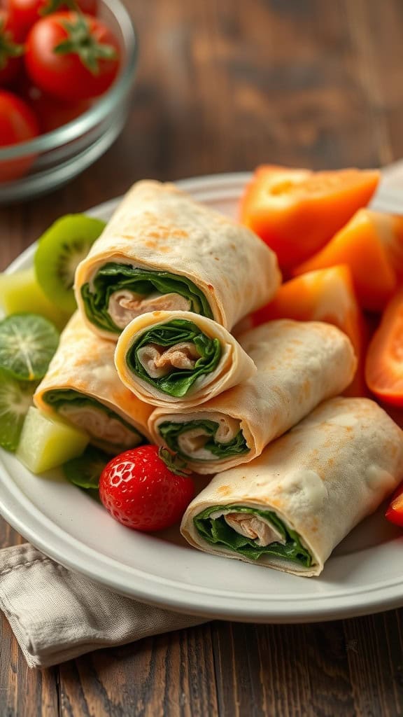 Turkey and spinach roll-ups served with fresh vegetables and fruits on a plate.