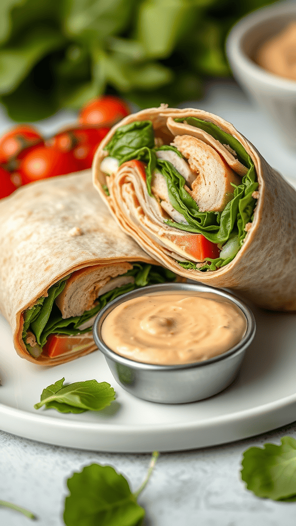 A close-up of a turkey and spinach wrap with hummus on a plate, surrounded by fresh vegetables.