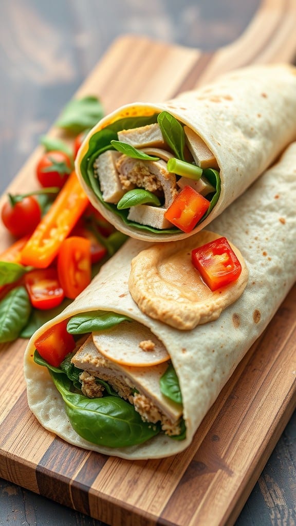 A Turkey Spinach and Hummus Wrap on a wooden cutting board with cherry tomatoes and bell peppers on the side.