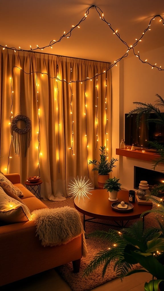 A cozy indoor setting with twinkling string lights illuminating the space