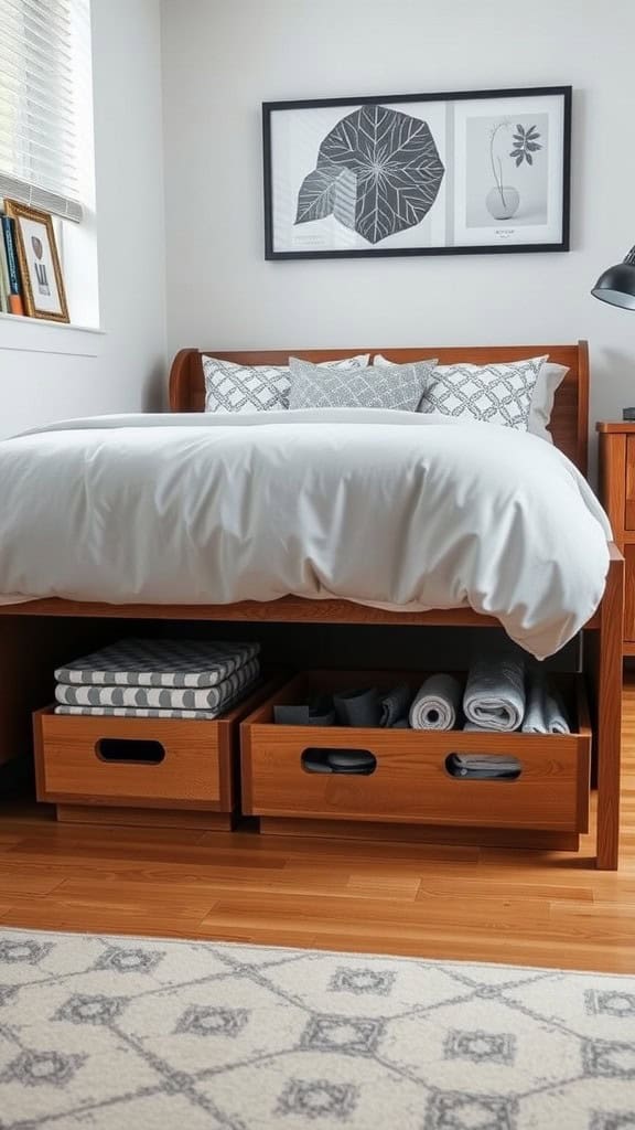 A cozy bedroom featuring a wooden bed with under-bed storage drawers filled with blankets and towels.