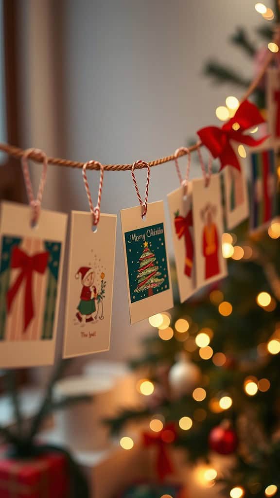 A festive display of Christmas cards hanging on a string with a Christmas tree in the background.