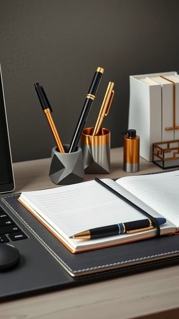 A stylish desk with modern accessories, including pen holders, a notebook, and a laptop.