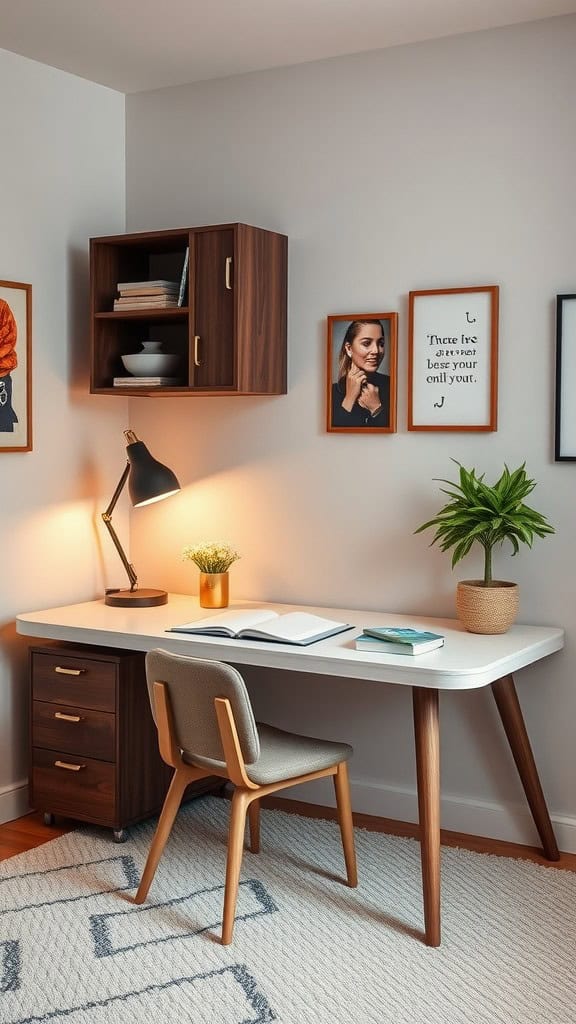 A stylish desk setup featuring a wooden desk with drawers, a comfortable chair, and decorative elements like plants and artwork.