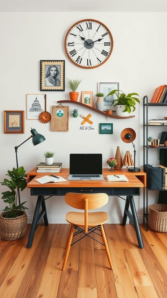 A stylish and modern home office setup featuring an upcycled wooden desk in the center of the room, decorated with plants and wall art.