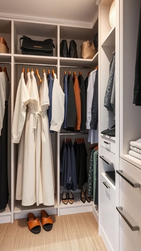 A neatly organized closet with clothing and accessories.