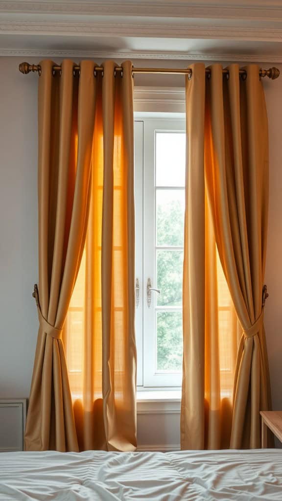 Warm-toned curtains hanging by a window with soft light filtering through.